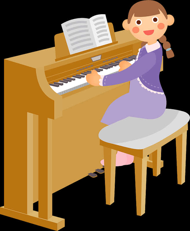 Young Girl Playing Upright Piano PNG