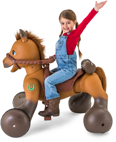 Young Girl Riding Toy Horse PNG