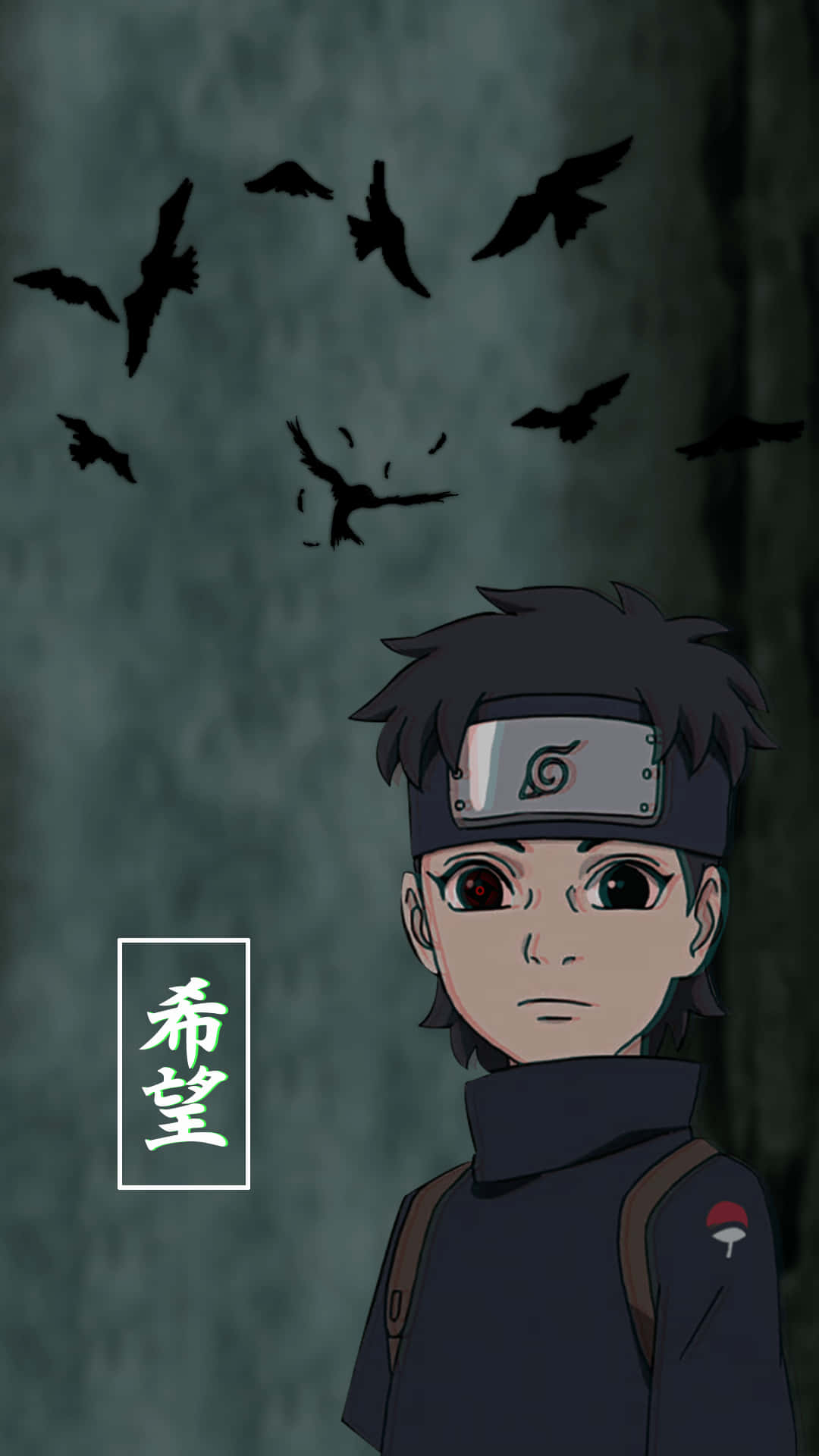 Young Itachi Aesthetic With Black Crows Flying Over Head In Gray Background Wallpaper