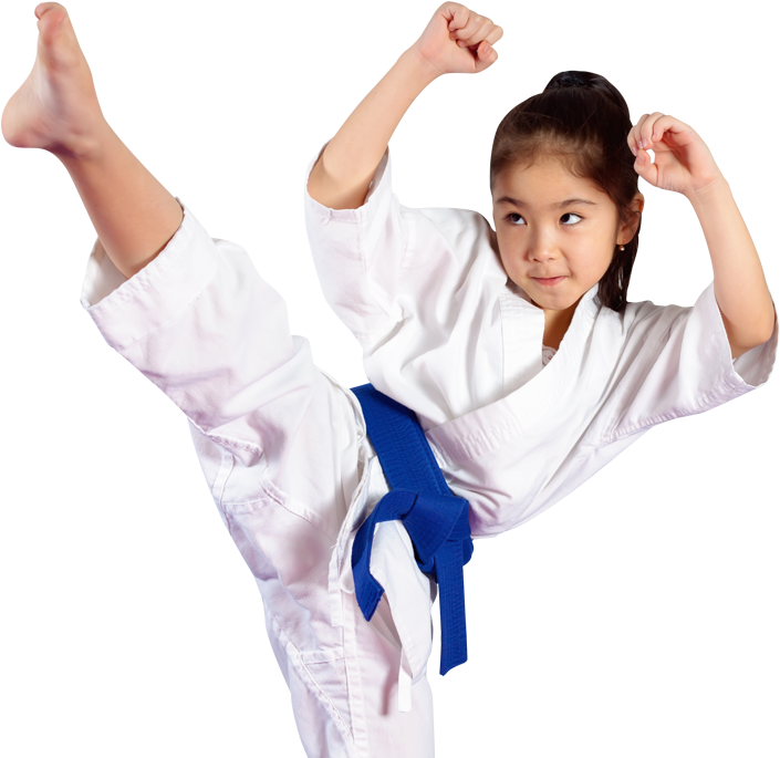 Young Karate Student Blue Belt High Kick PNG