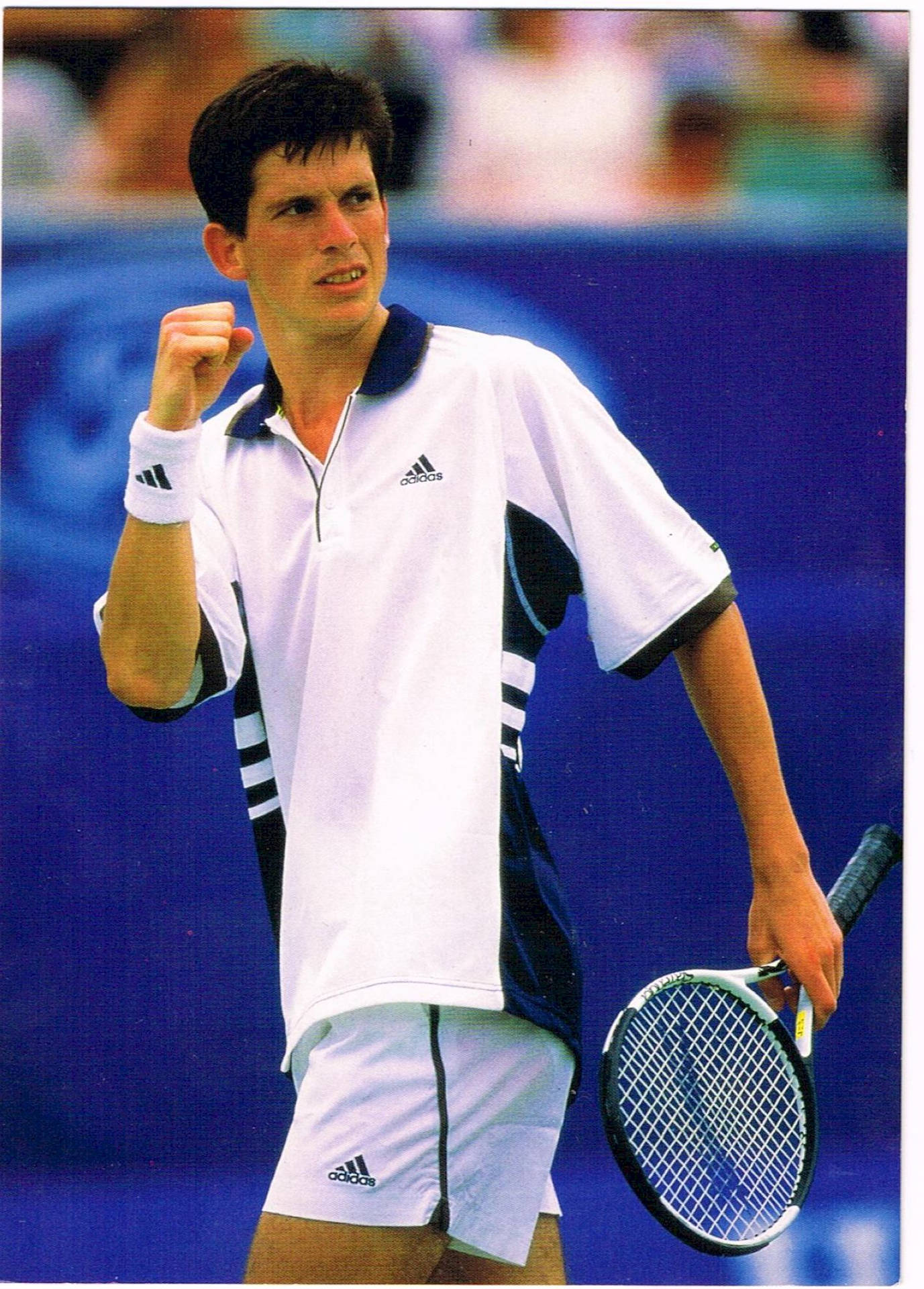 Young Tim Henman celebrating a victory on tennis court Wallpaper