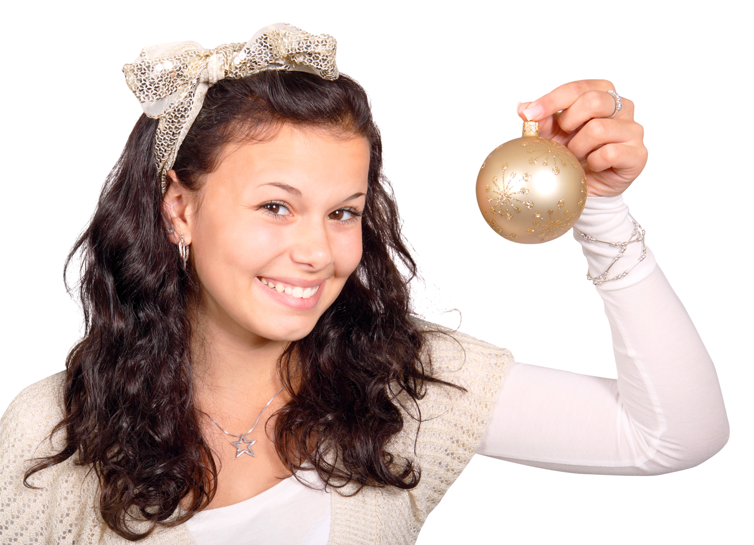 Young Woman Holding Christmas Ornament PNG