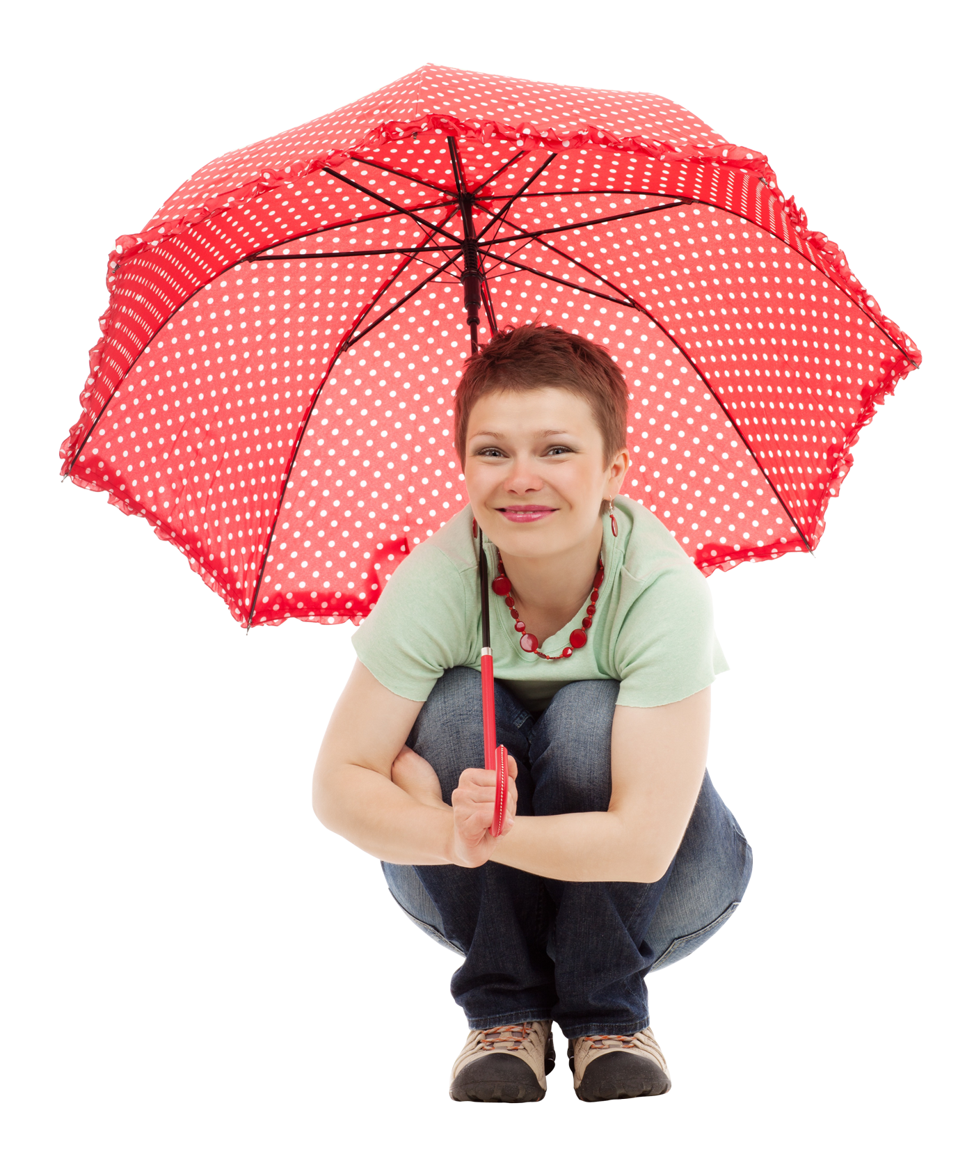 Young Womanwith Red Polka Dot Umbrella PNG