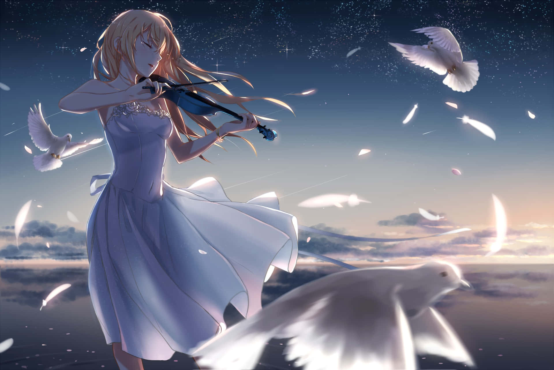 Musicians Kaori and Kosei perform together in "Your Lie in April"