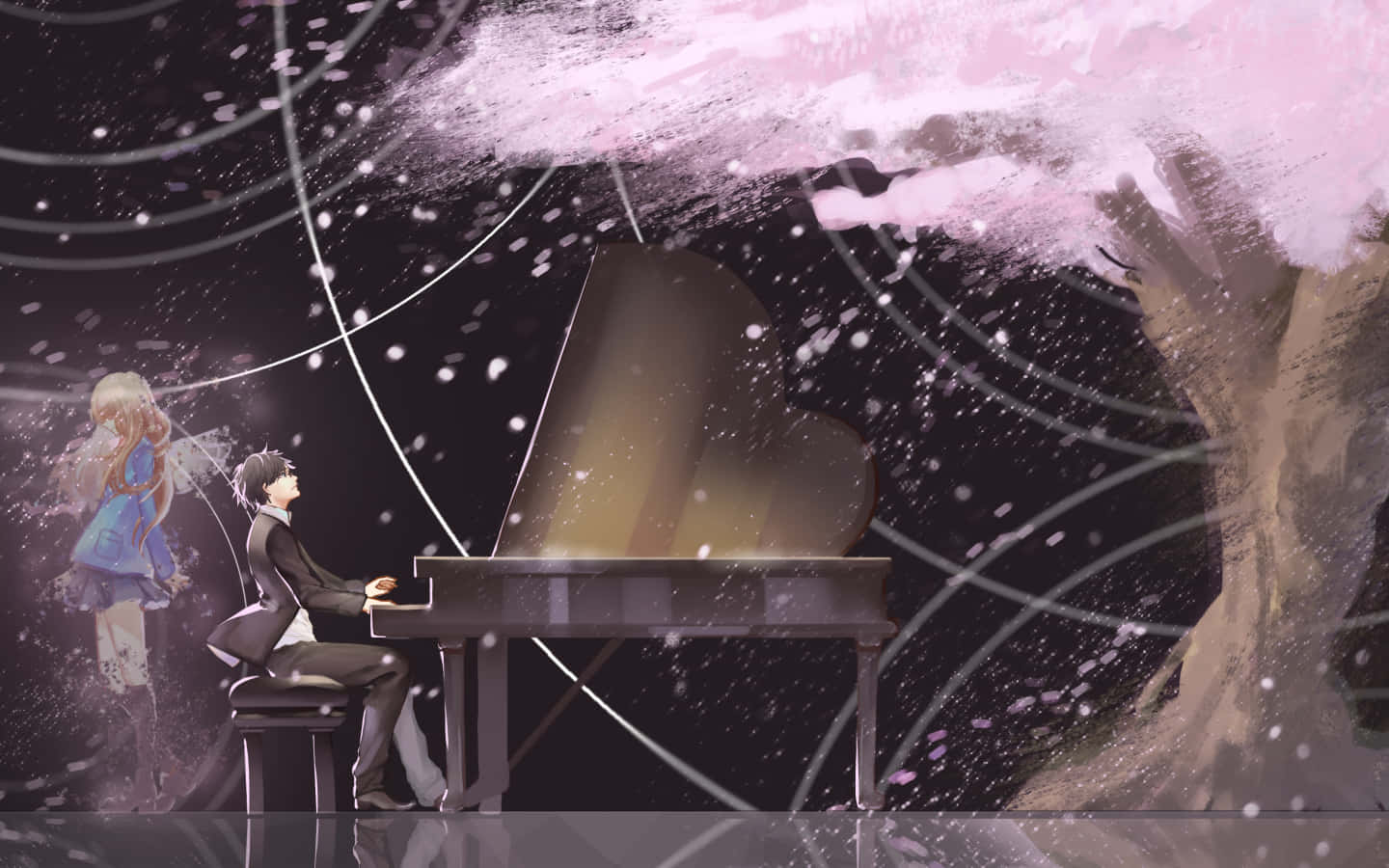 Two musicians playing the piano in an emotional moment from the anime classic, Your Lie in April