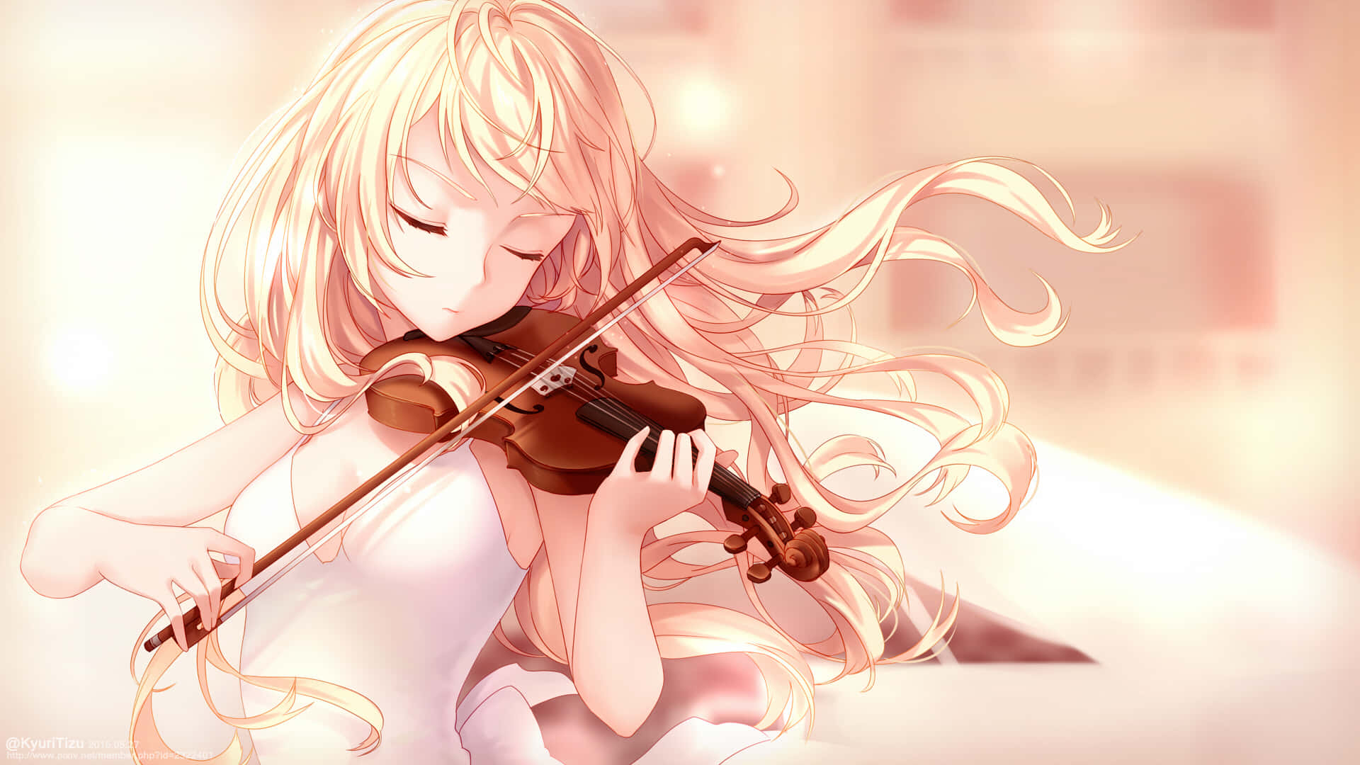 Kaori Miyazono spiller lidenskabeligt sin fiol på en præstation.