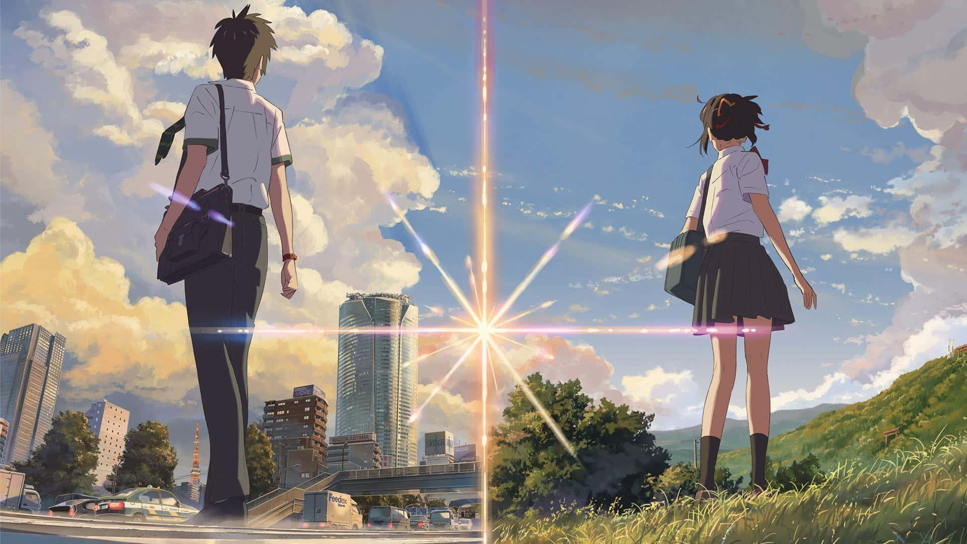 Two Anime Characters Standing On A Hillside