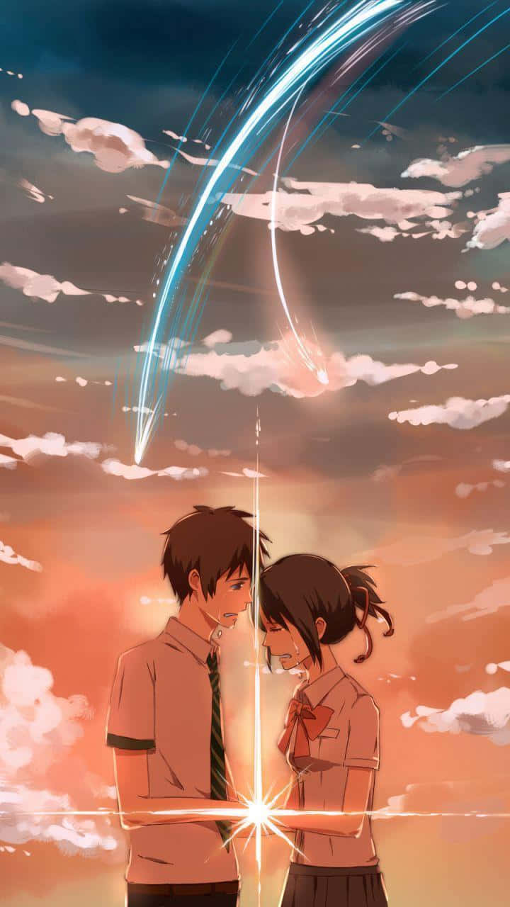 A Couple Of Anime Characters Standing In The Sky
