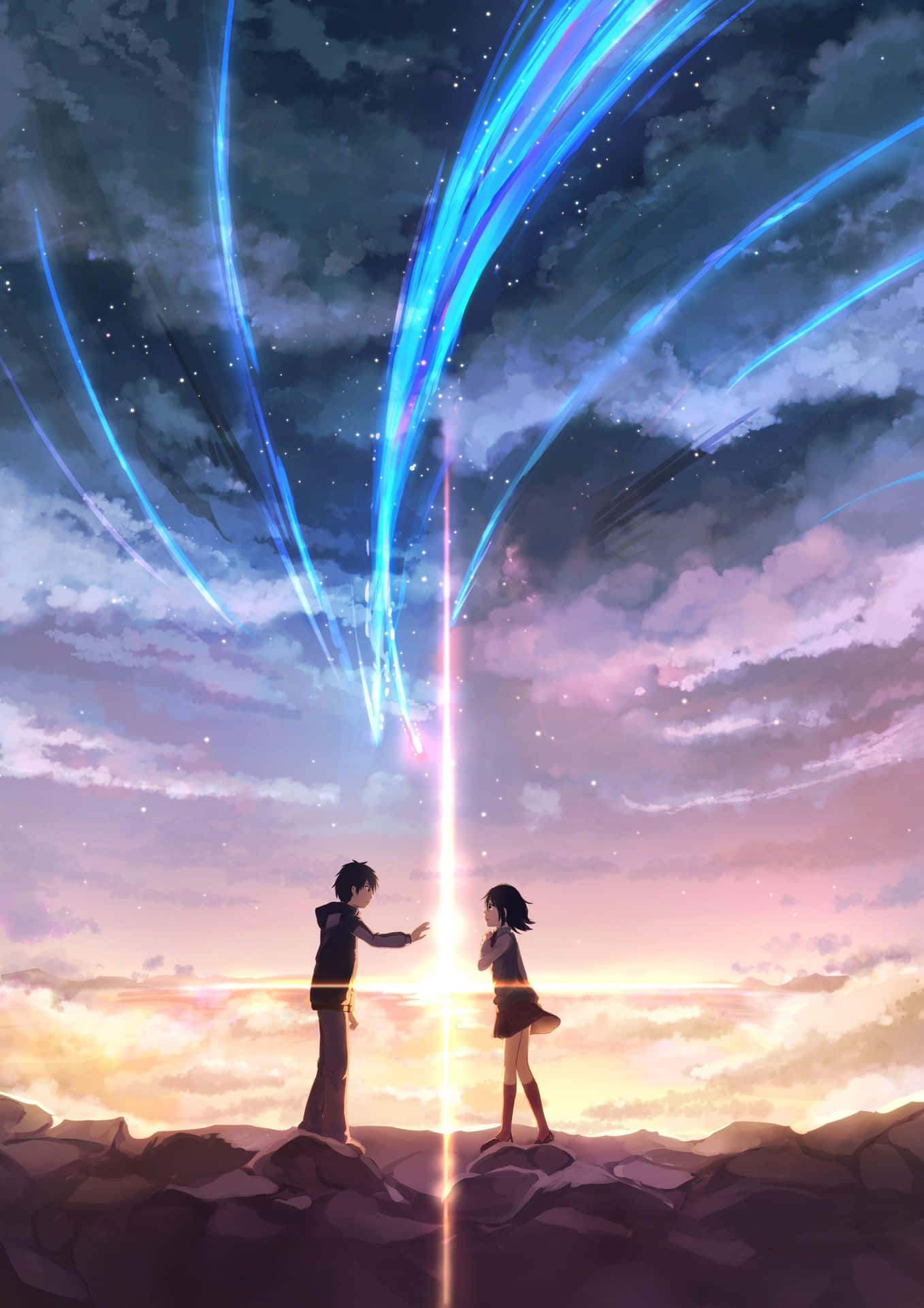 Ettpar Animefigurer Står På En Klippa Med En Stjärna På Himlen