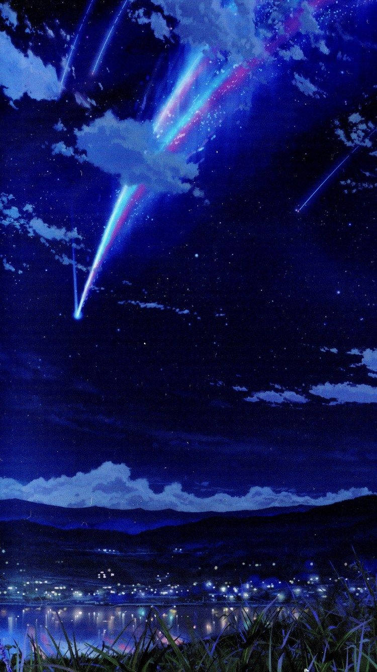 "Behold the Itomori Skyline During a Meteor Shower as Seen in the Movie "Your Name" Wallpaper