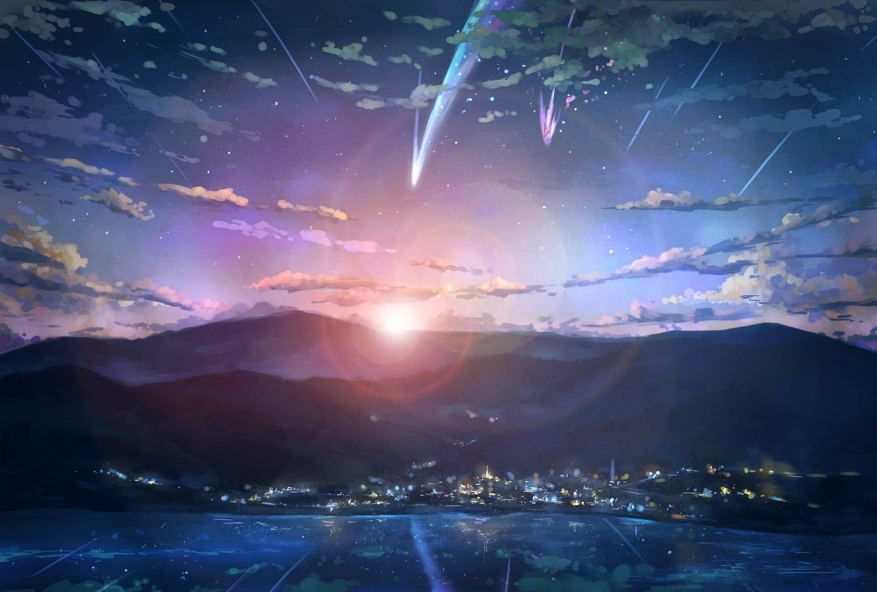 The small town of Itomori's Skyline, as seen in the movie Your Name. Wallpaper