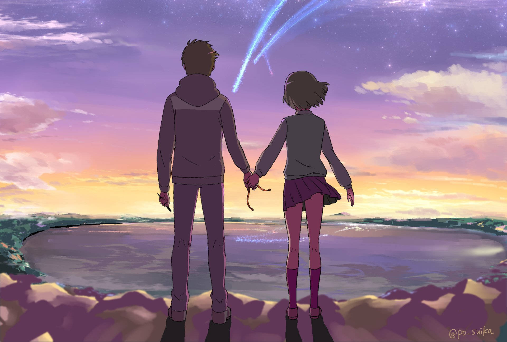 Download Your Name Mitsuha And Taki Holding Hands Anime Wallpaper |  