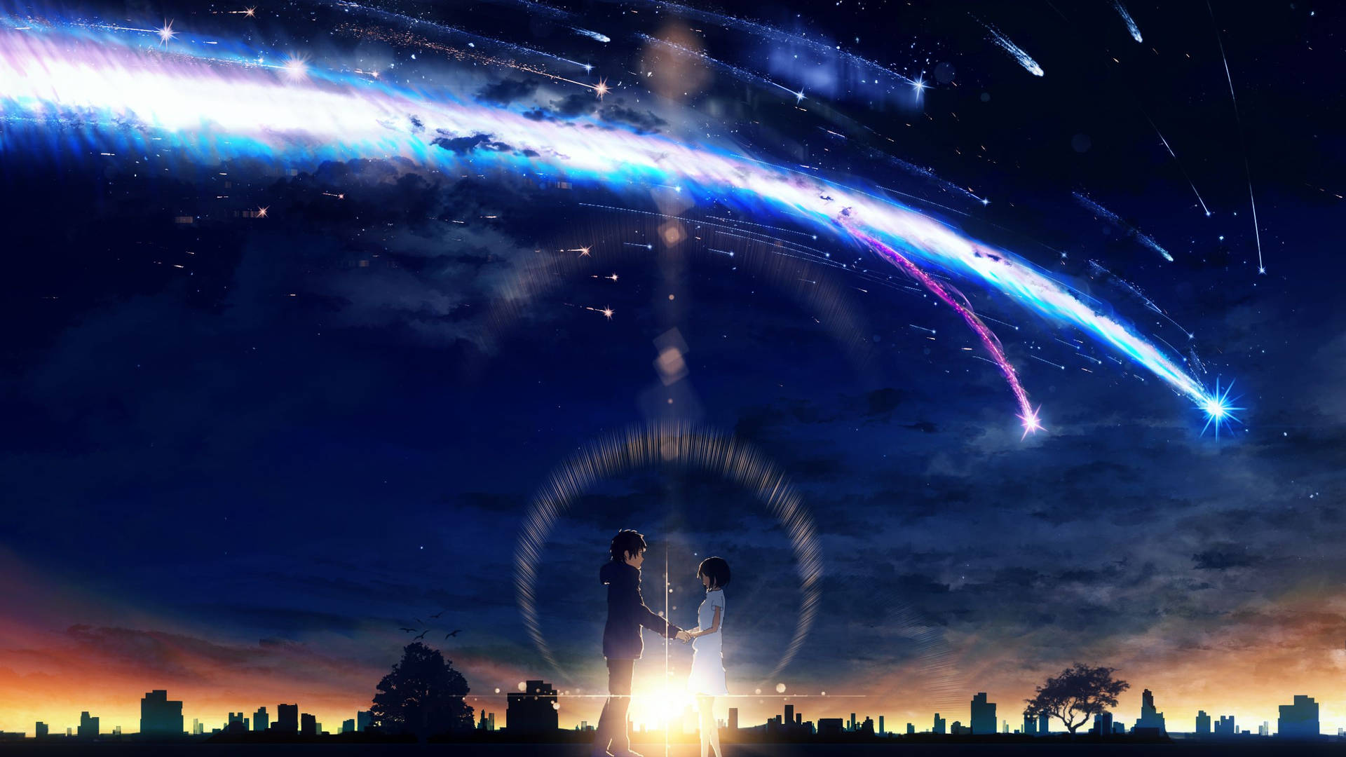 Staring up at the stars from the Tokyo cityscape - “Your Name” Mitsuha and Taki Wallpaper