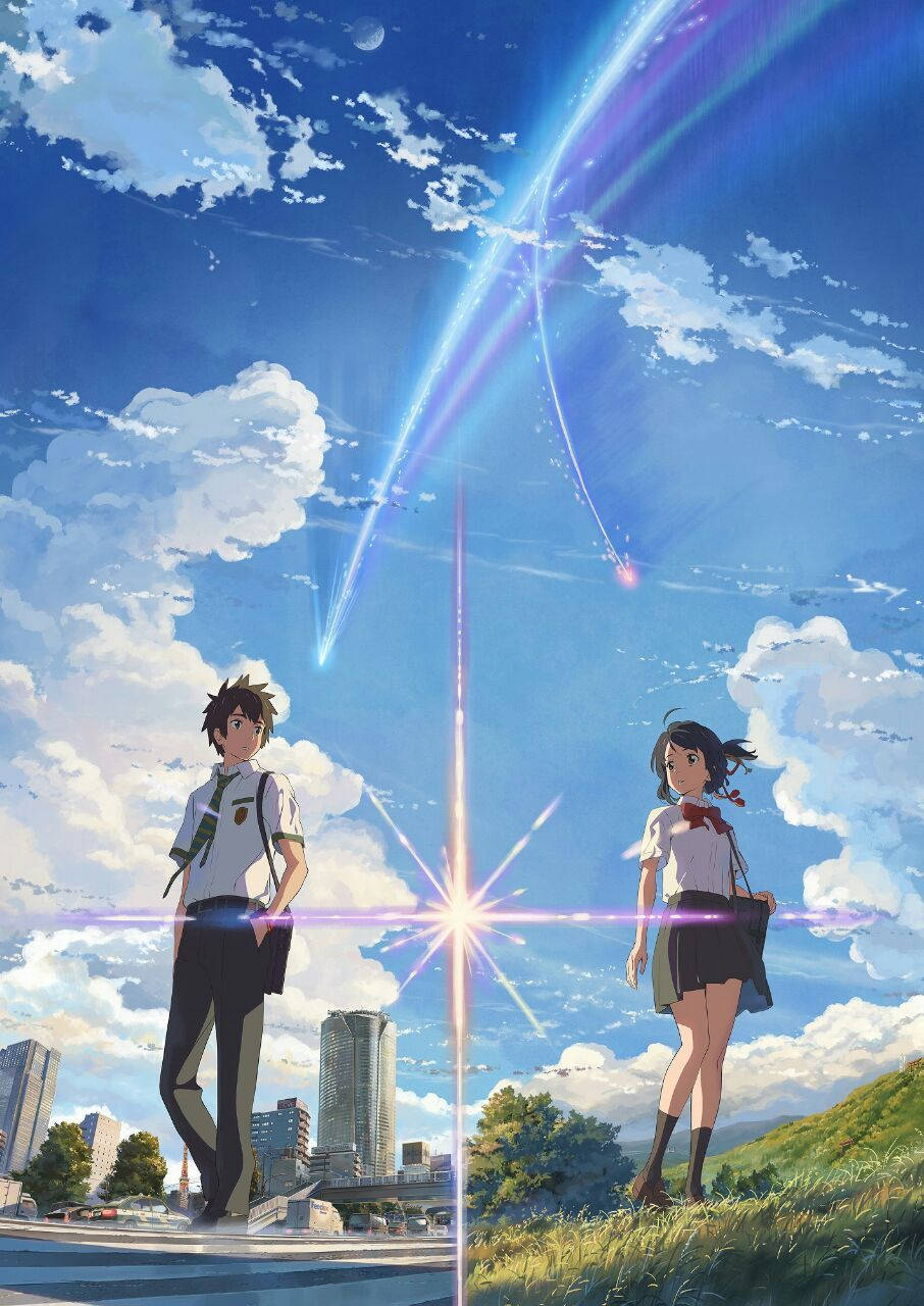 "Witness the extraordinary reunion of Mitsuha and Taki in Your Name." Wallpaper