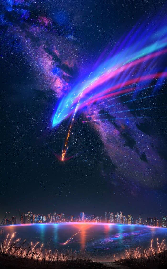 "Your Name: A purple comet streaks across the night sky." Wallpaper