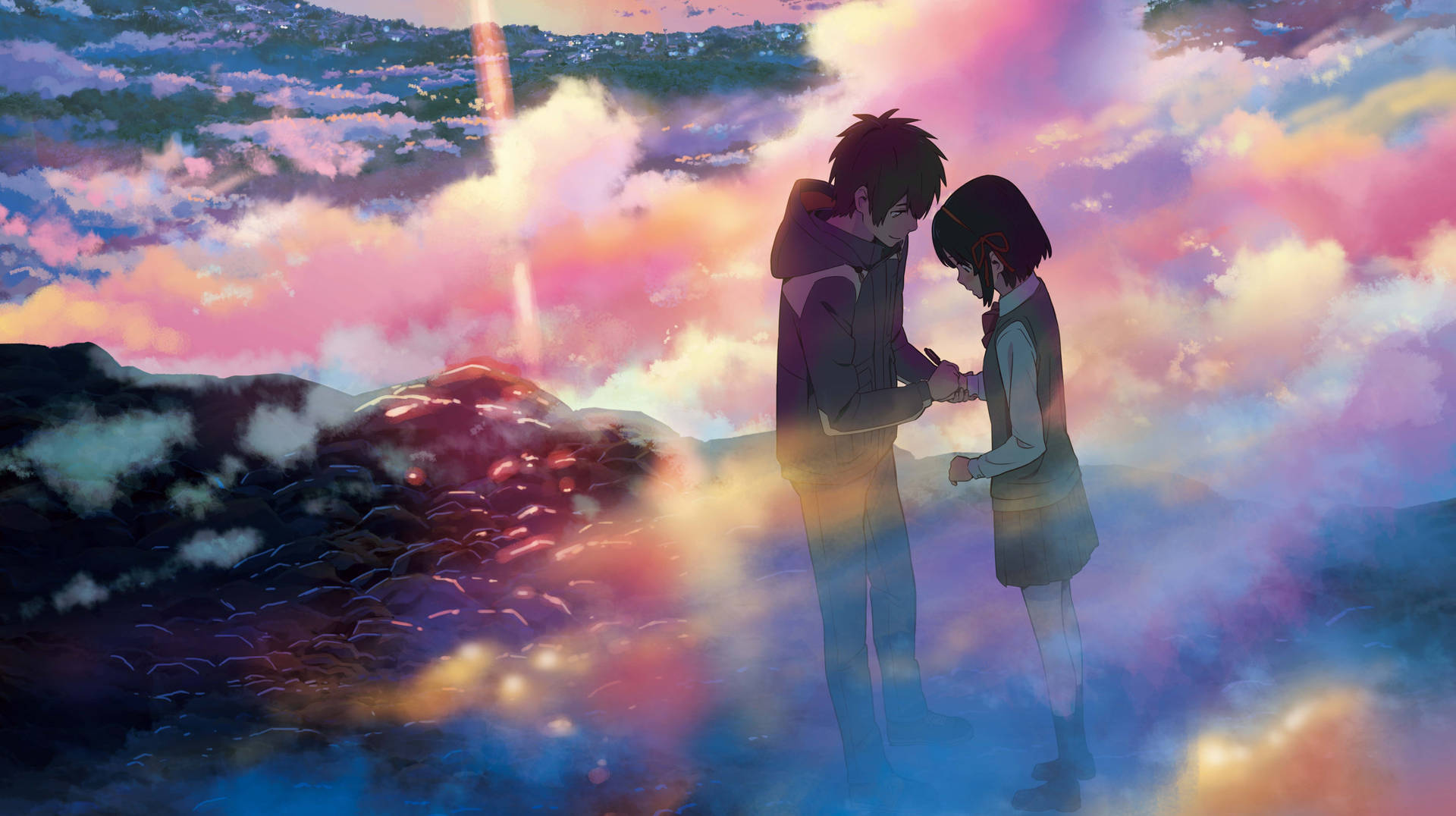 Taki and Mitsuha Holding Hands in the Film Your Name Wallpaper