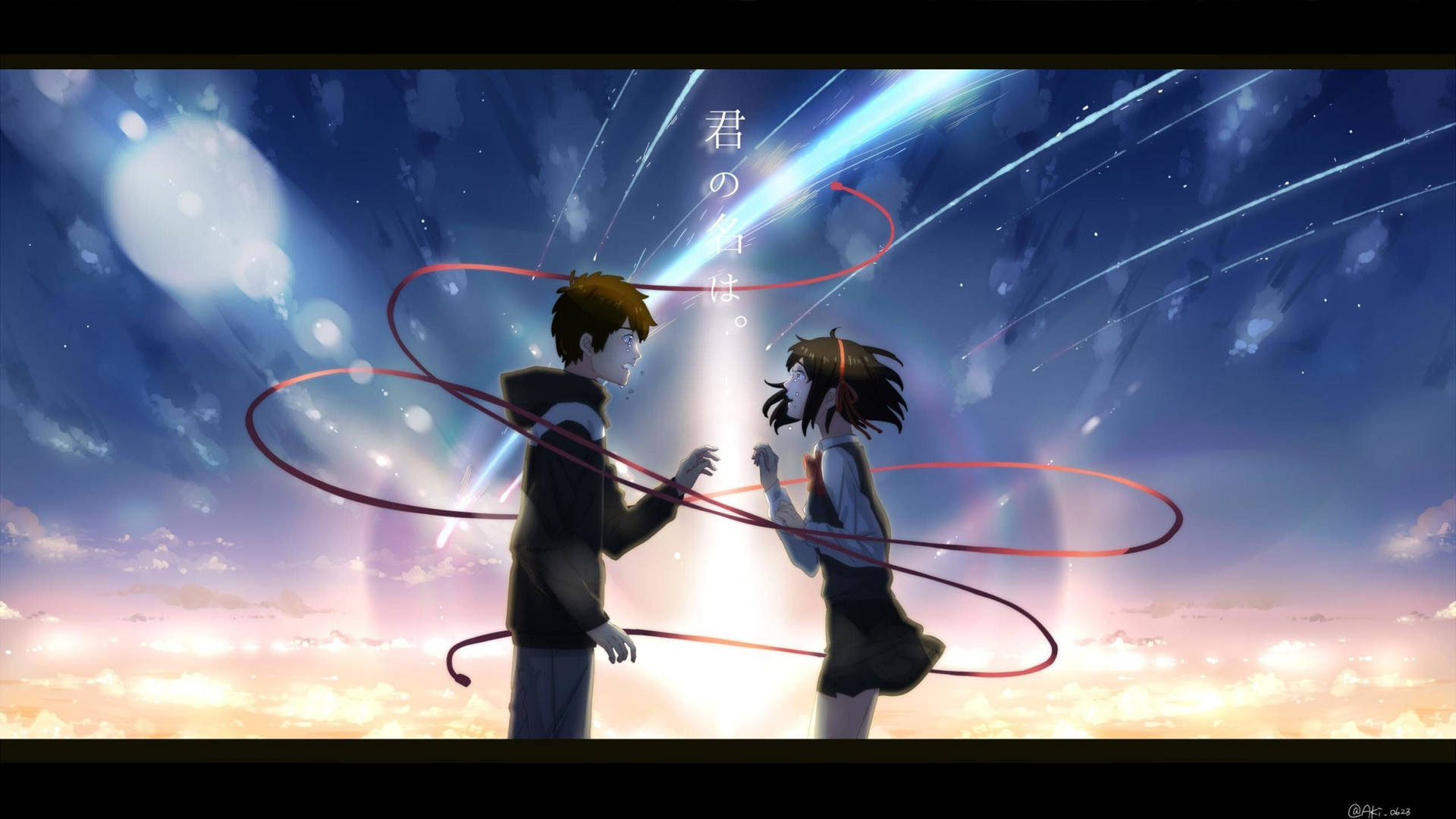 Taki and Mitsuha Look on in Wonder at the Red String of Fate Connecting Their Souls Wallpaper