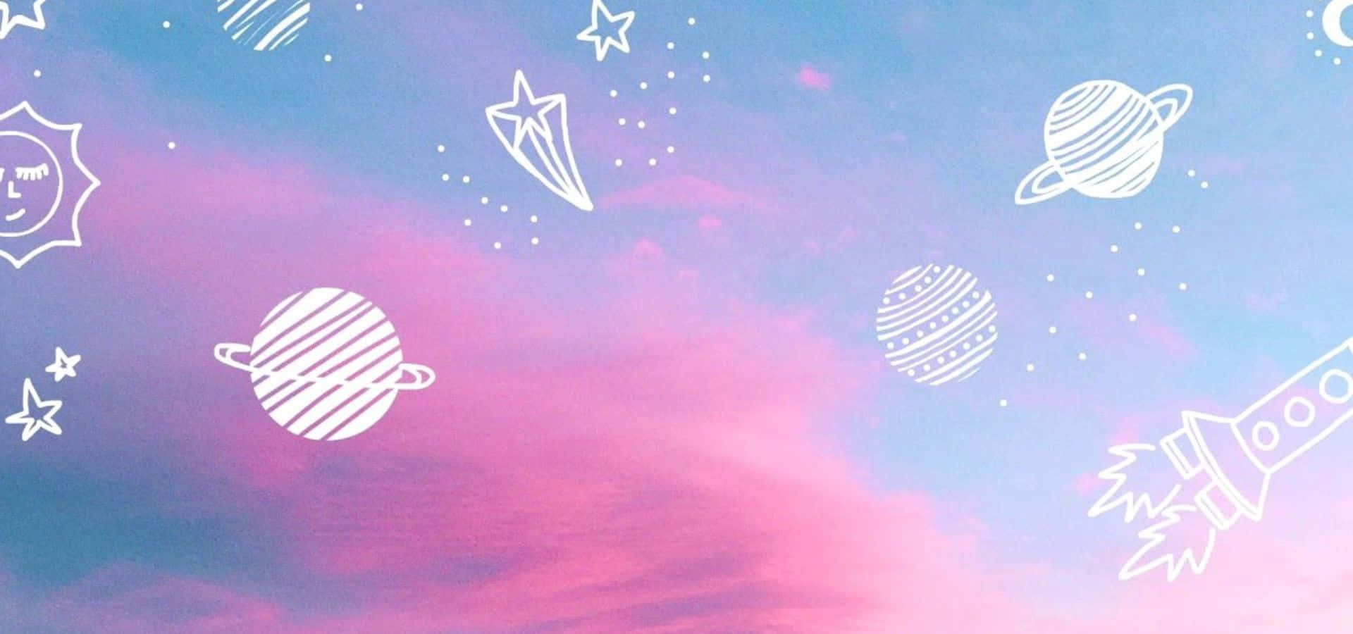 A Pink Sky With Stars And Planets Drawn On It