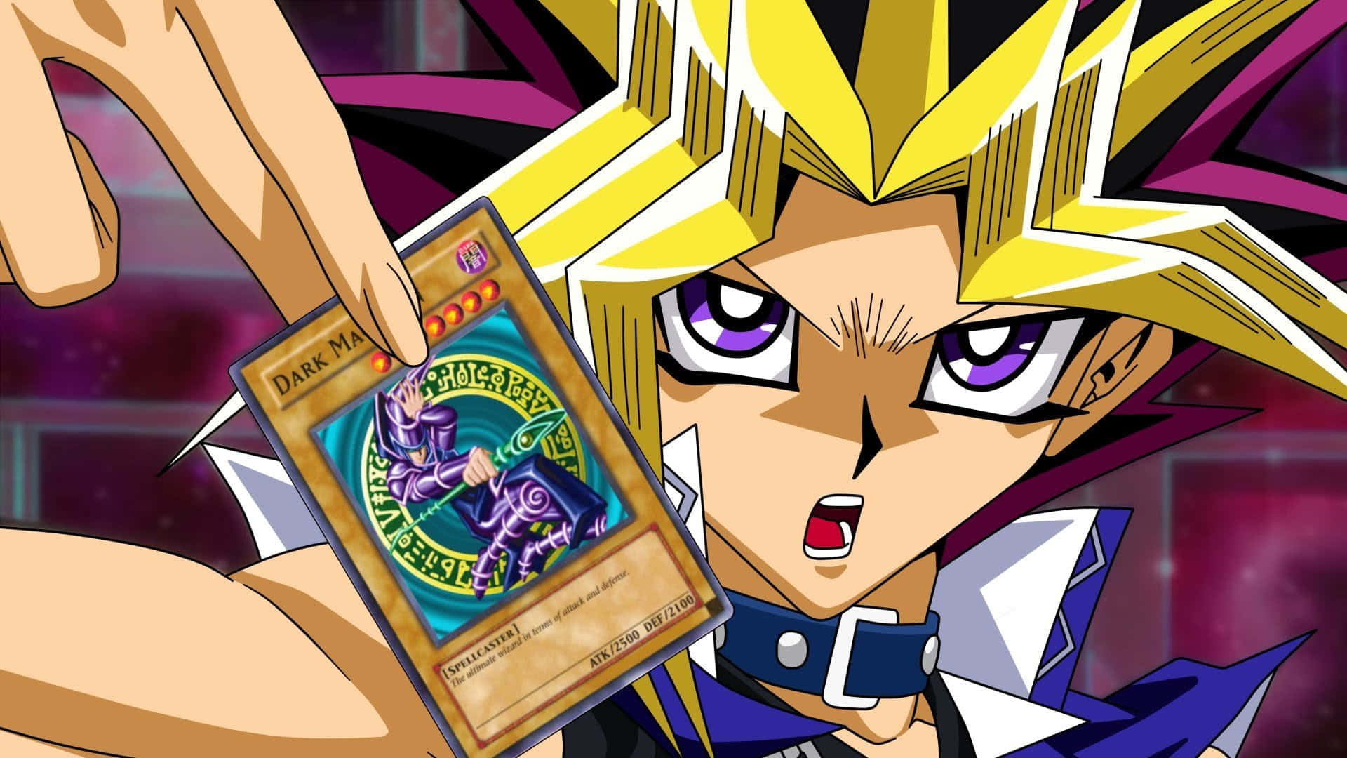 Yugi Muto posing heroically with his favorite Duel Monsters cards Wallpaper
