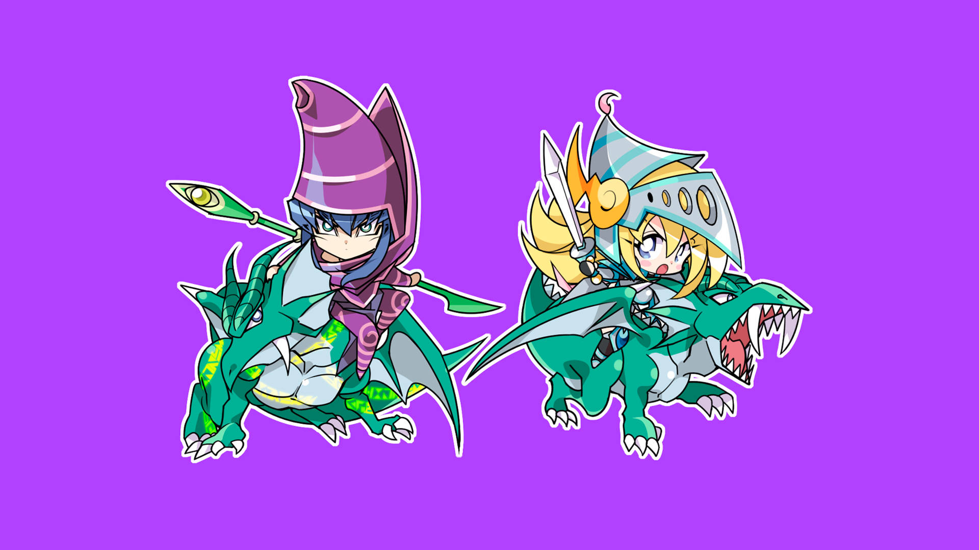 An illustration of chibi versions of three dueling knights, riding a dragon in a fantasy world. Wallpaper