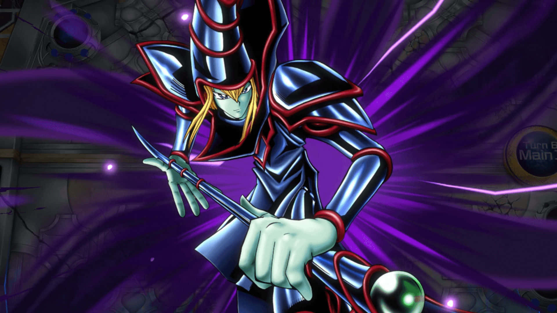 The powerful Dark Magician from Yu-Gi-Oh! strikes a pose. Wallpaper