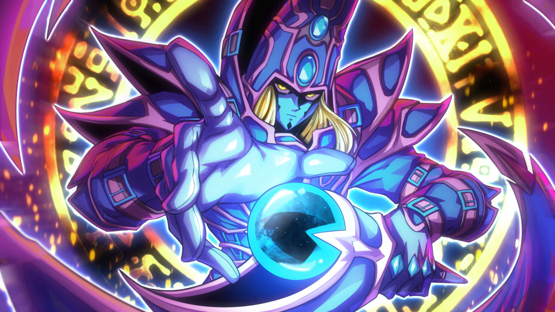 The powerful Dark Magician from Yu-Gi-Oh! stands ready for battle in high-resolution wallpaper. Wallpaper