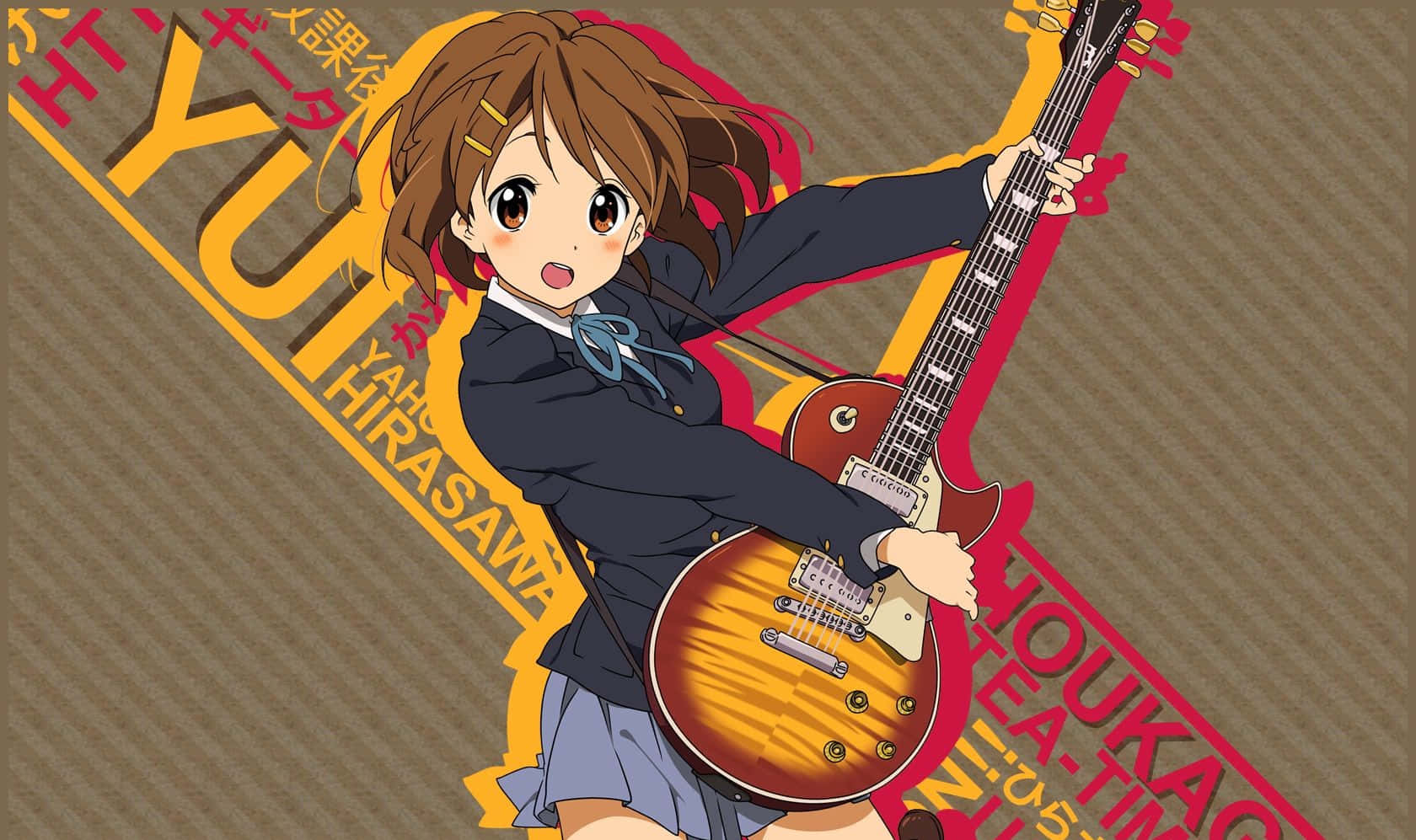 Yui Hirasawa playing guitar with a cheerful smile Wallpaper