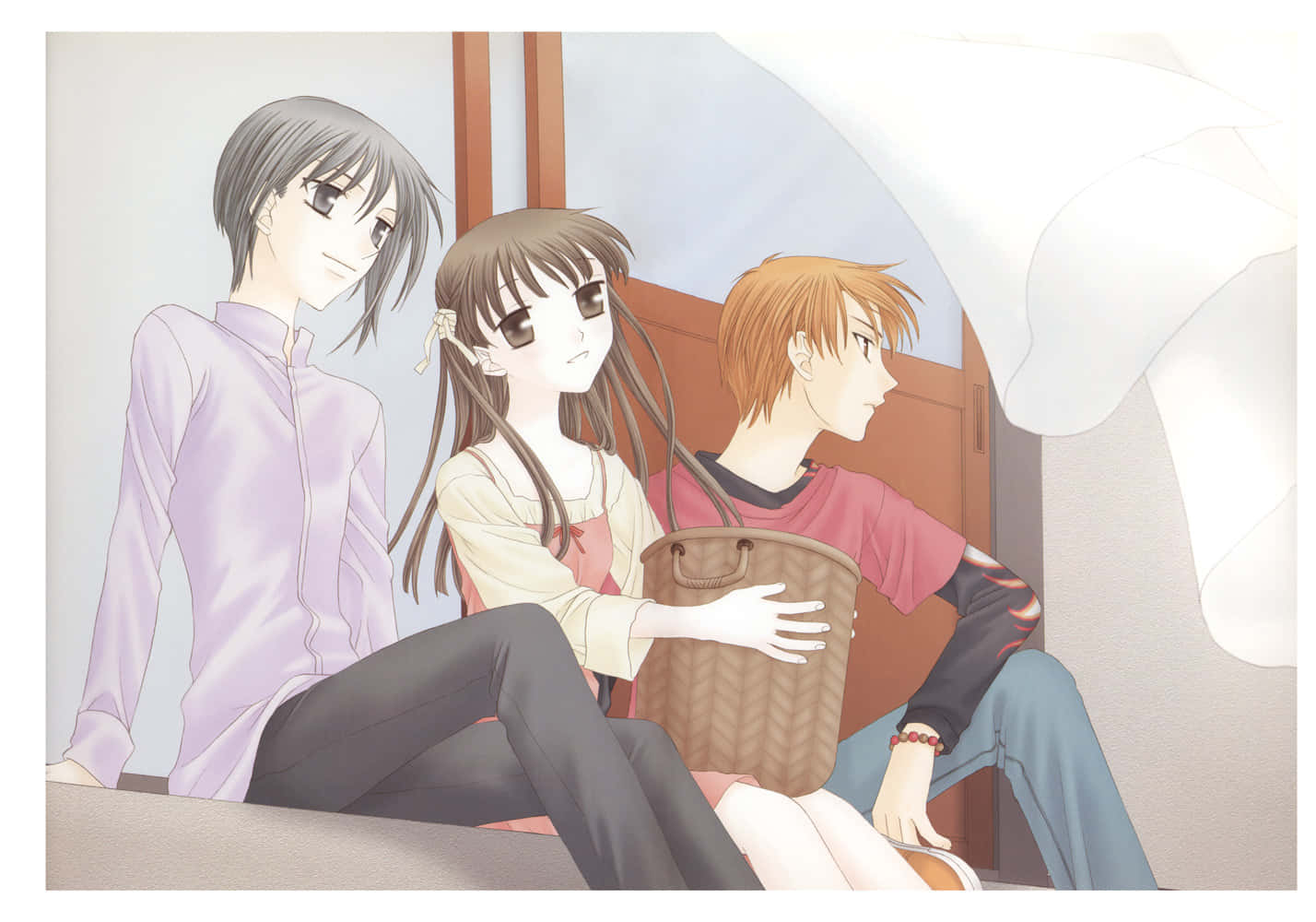 Yuki,tohru Och Kyo Sitter På En Mobilbakgrund Med Motiv Från Fruits Basket-anime. Wallpaper