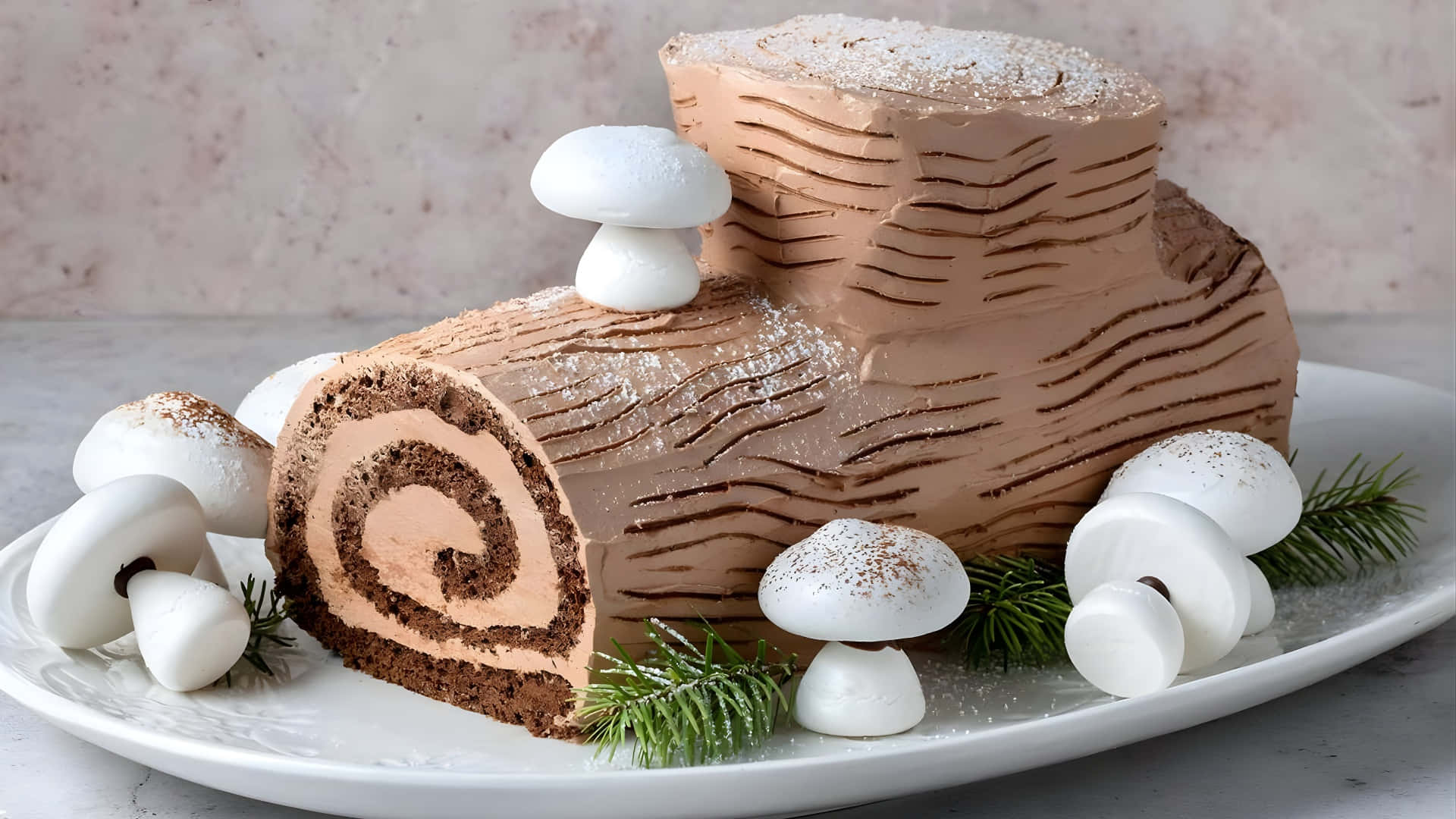 Yule Log Cake With Mushrooms Wallpaper