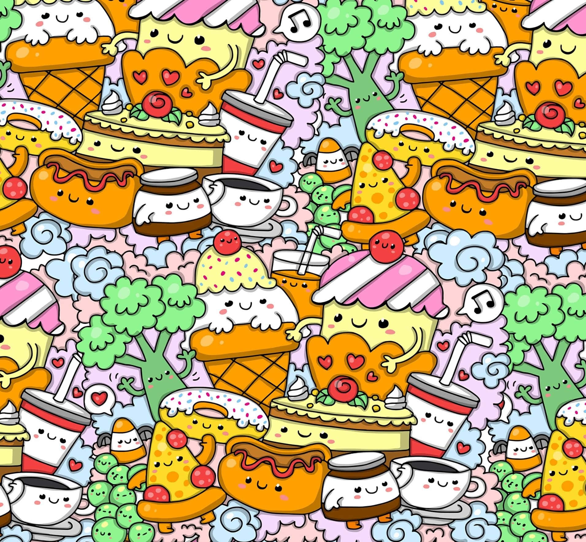 Yummy Food Doodle Pattern Wallpaper
