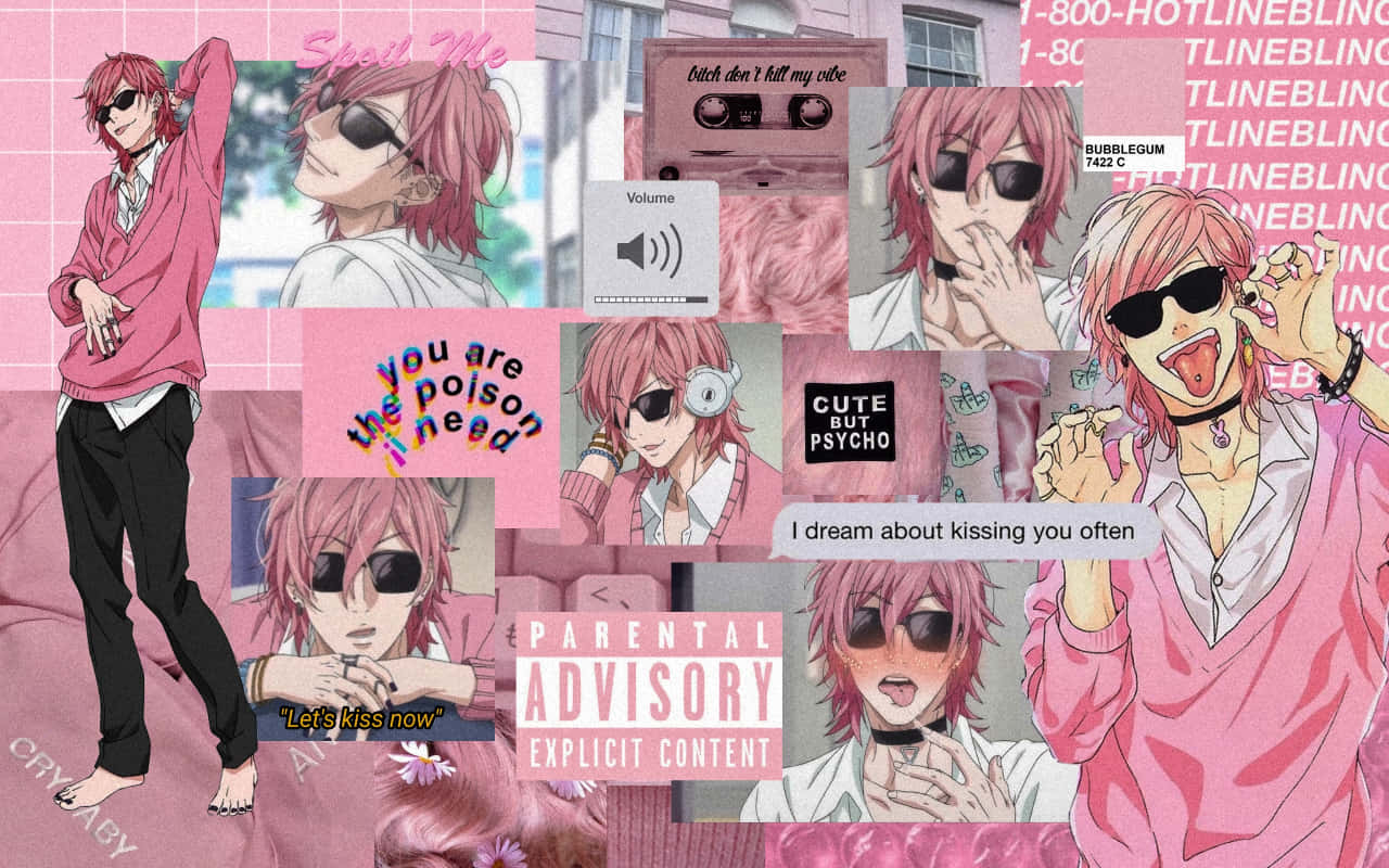 En kollage af anime-karakterer i pink-temaede holdninger Wallpaper