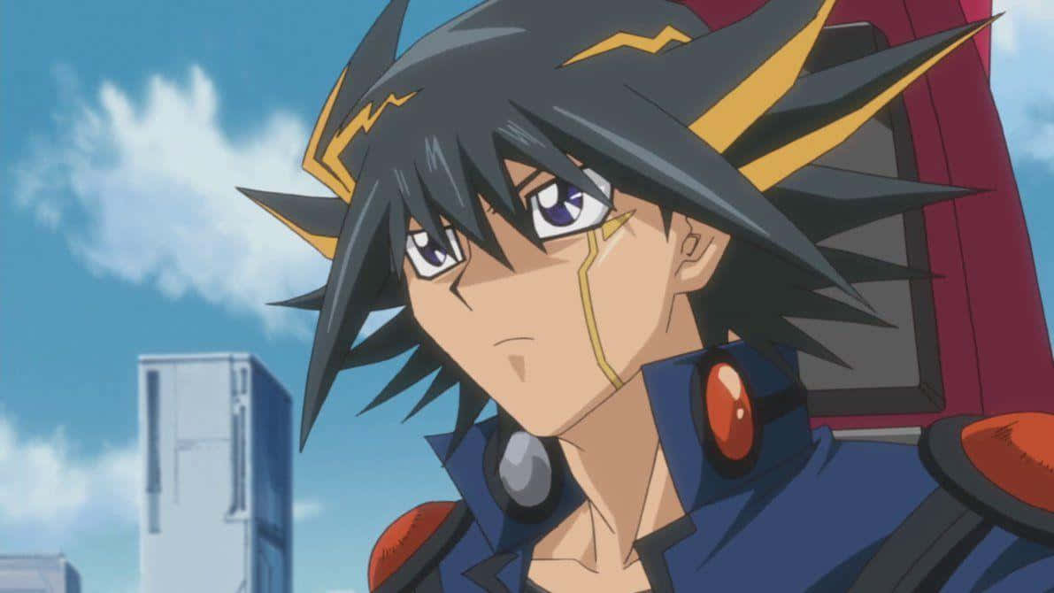 Yusei Fudo riding his Duel Runner while holding a duel disk Wallpaper