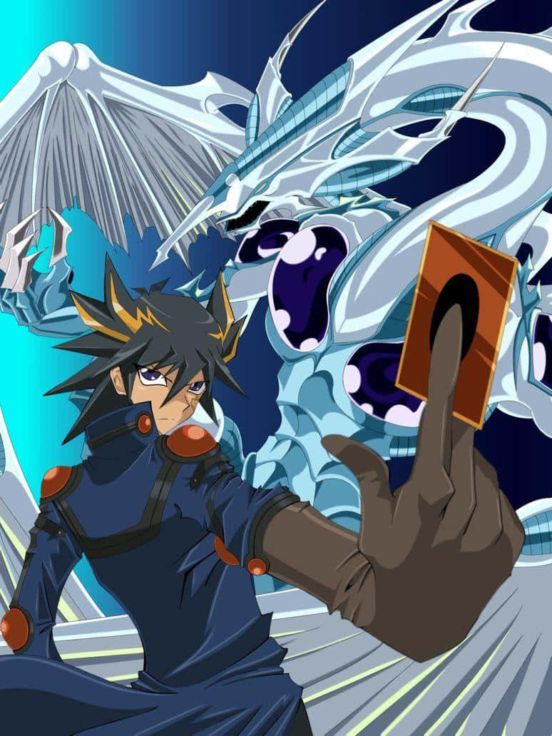 Yusei Fudo striking a pose with his iconic Duel Monsters cards Wallpaper