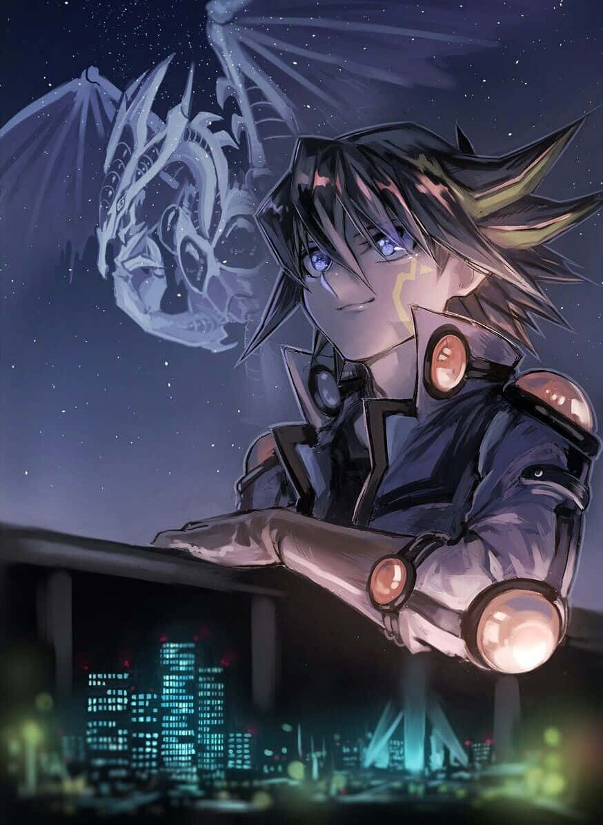 Yusei Fudo striking a confident pose with his Duel Runner in the background Wallpaper