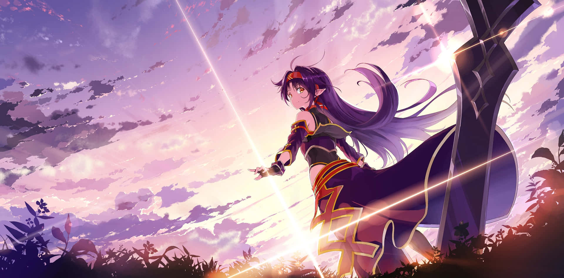 Yuuki Konno gracefully posing with her sword in a beautiful garden Wallpaper