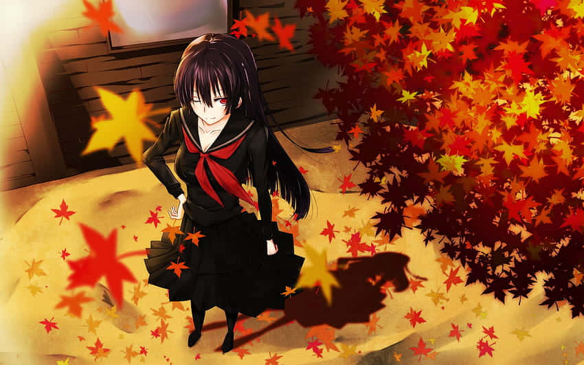 Download Yuuko Kanoe With Maple Leaves Falling Anime Wallpaper | Wallpapers .com