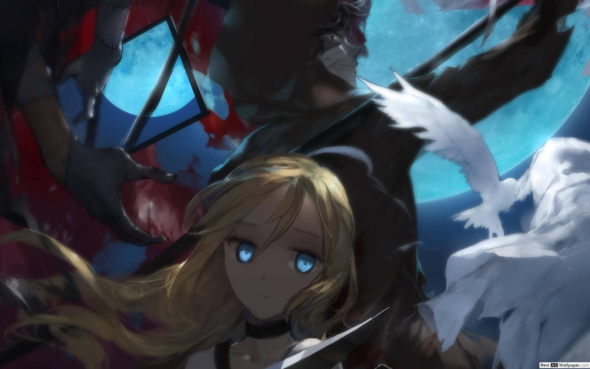 Zack and Rachel embracing beneath a Full Moon in Angels of Death Wallpaper