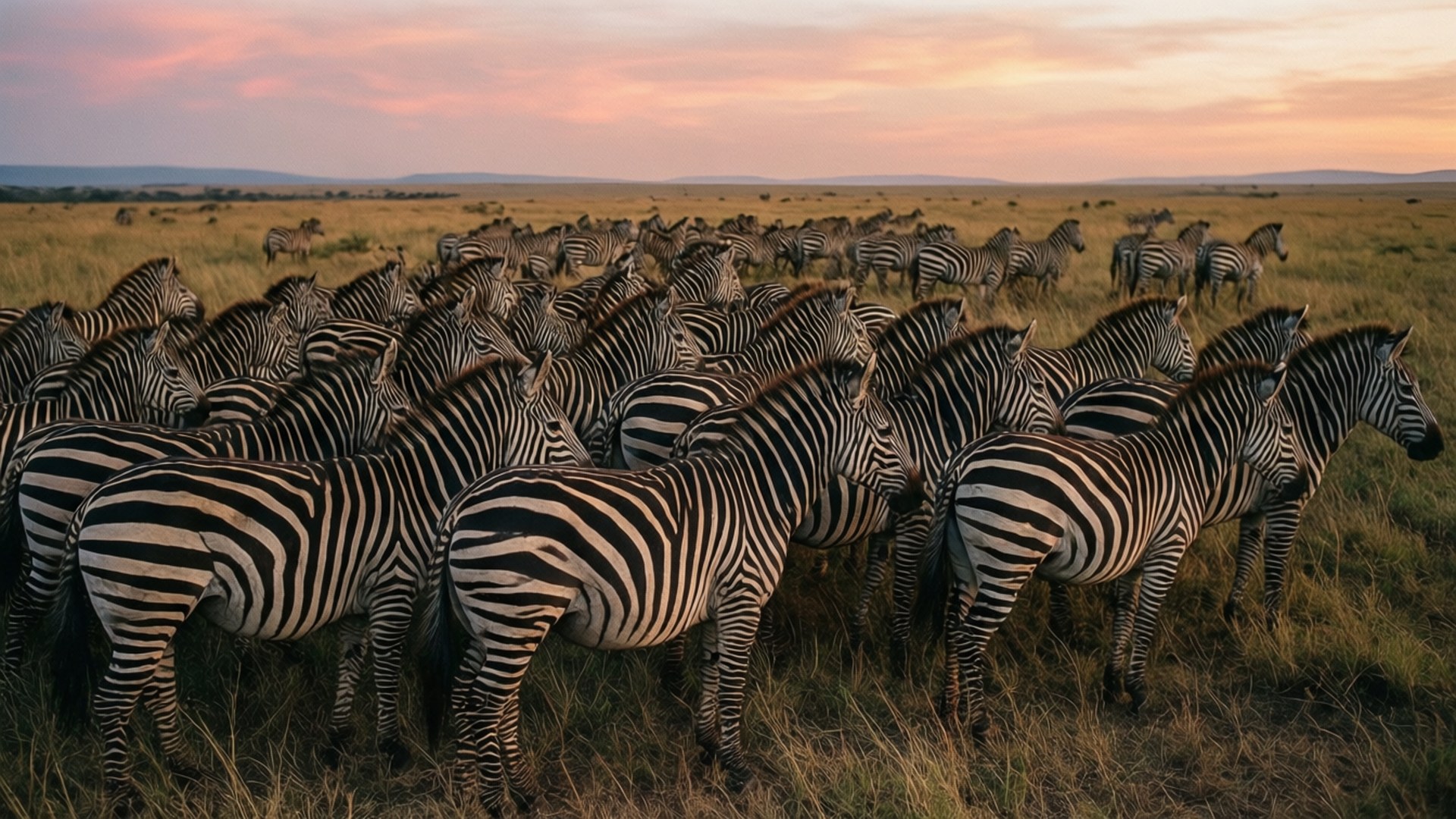 Zebras standing in tall grass during a colorful sunset on the African savanna.