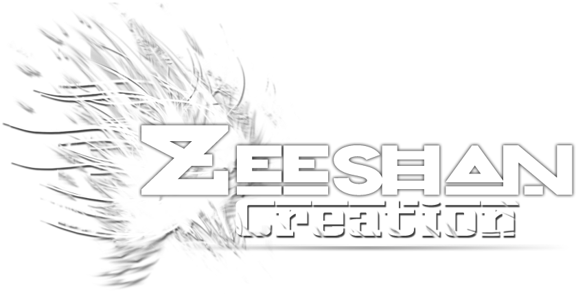 Zeeshan Creation Logo Exploding Effect PNG — Bold white stylized text reads Zeeshan Creation against a black background with a dynamic white feather explosion graphic.
