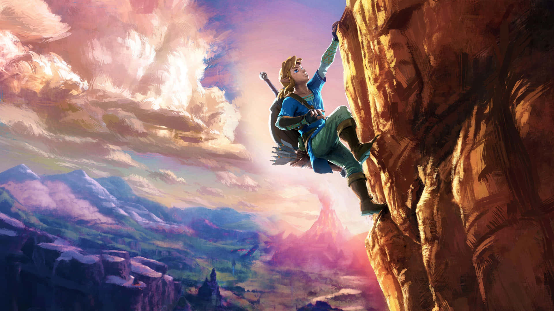 Zelda Botw Link Kravler Op Ad Et Bjerg Scene Tapet Wallpaper