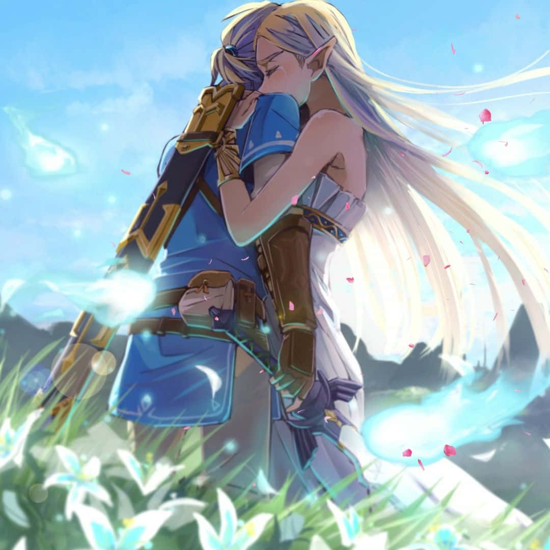 Princesazelda Y Link Abrazándose En Breath Of The Wild. Fondo de pantalla