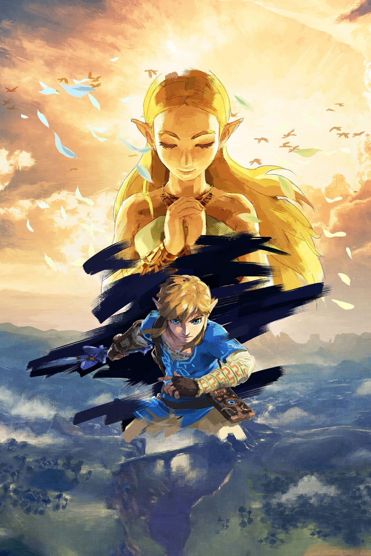 Kunstnerisk afbildning af Link der flyver gennem luften i Zelda Breath Of The Wild 4k Wallpaper