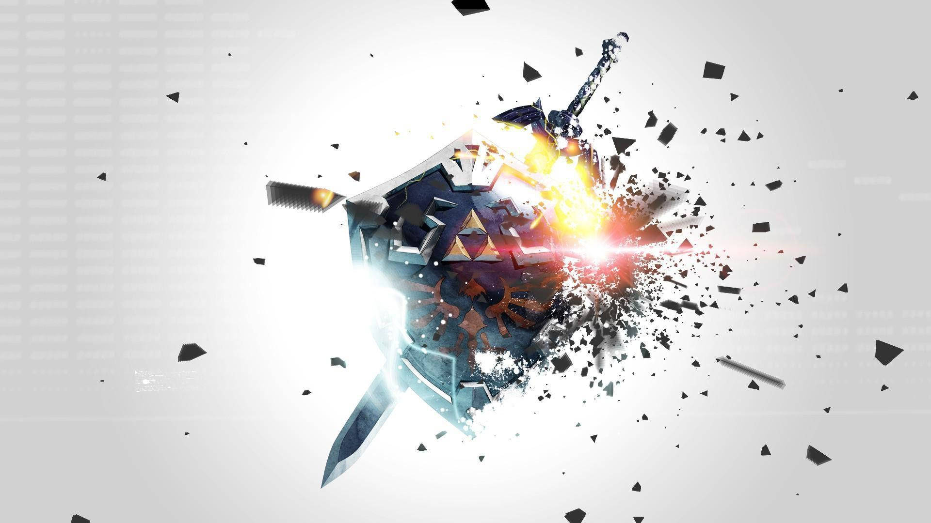 Link striking a heroic pose while brandishing his signature weapons, the Hylian shield and Master Sword. Wallpaper