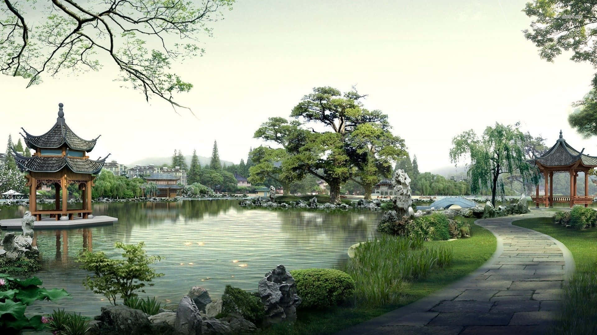 Ruhiger Chinesischer Garten Als Hintergrundbild Wallpaper