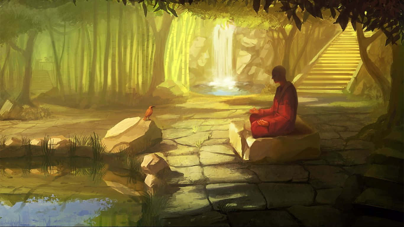 Pinturade Escritorio Zen: Monje Meditando Con Un Pájaro. Fondo de pantalla