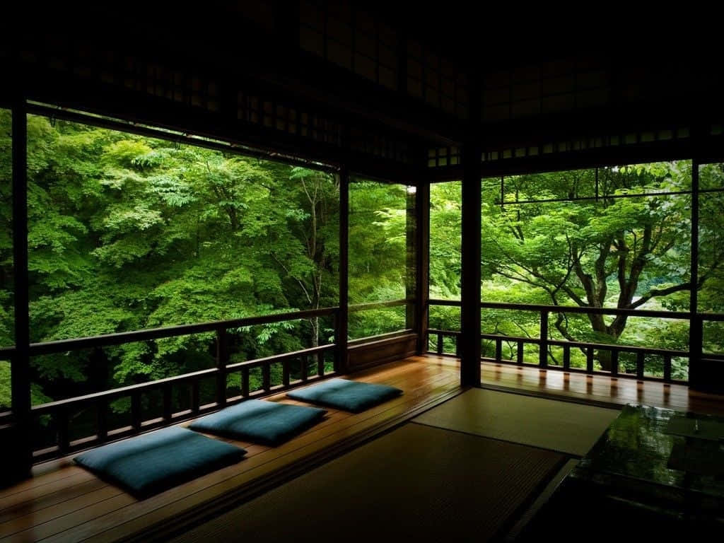 Zen Skrivebord Indendørs Patio-motiv: Dette tapet fremhæver et beroligende indendørs patio-miljø med tørret fyrrenåletræets hårdheder. Wallpaper