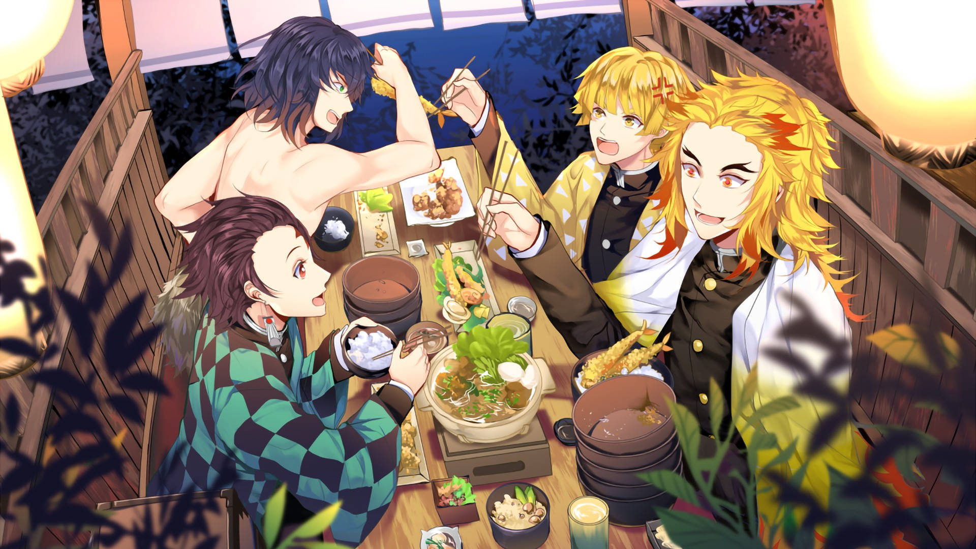 Zenitsu and his friends enjoying dinner Wallpaper
