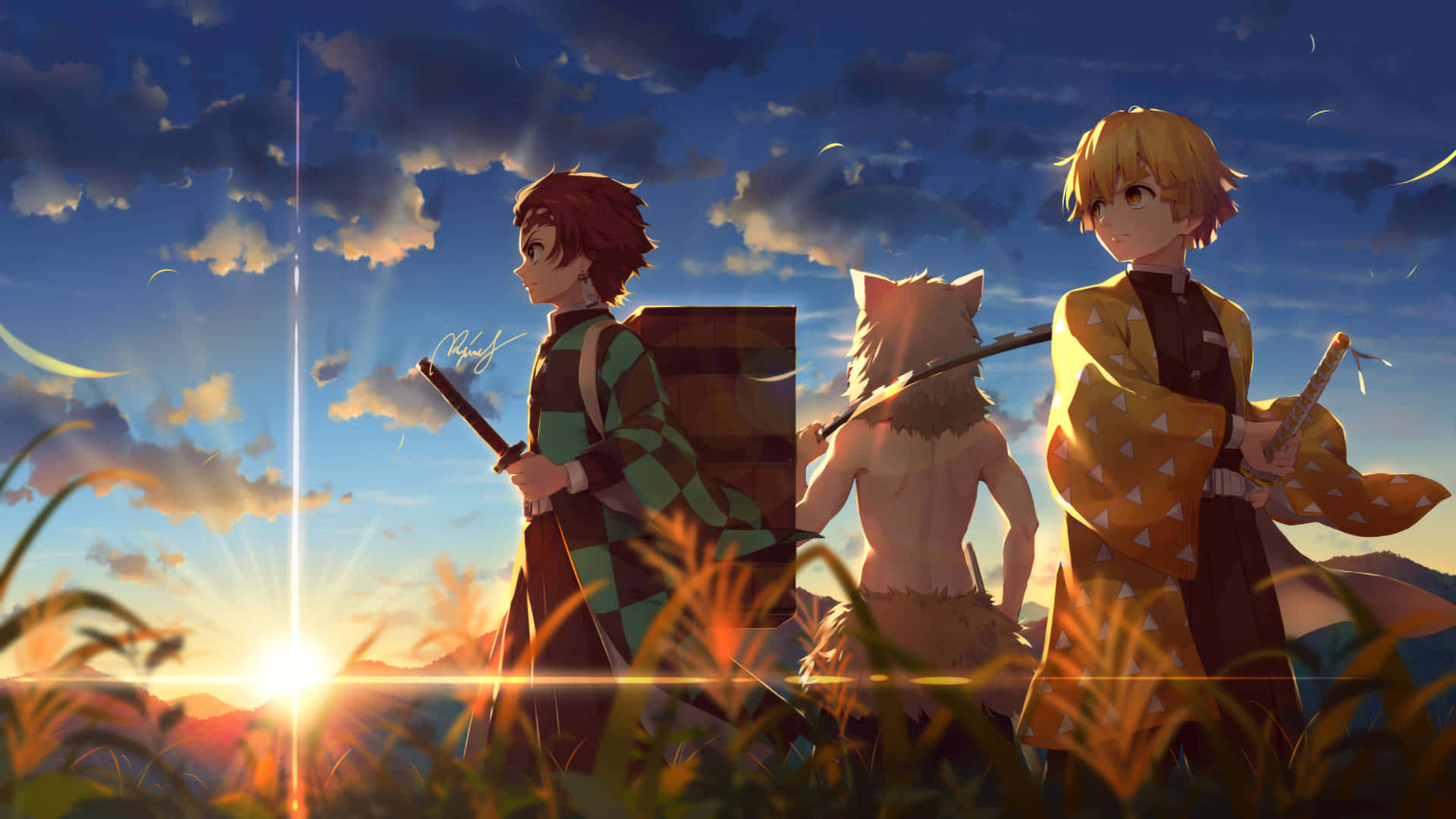 To anime-figurer står i et felt med solnedgang i baggrunden. Wallpaper