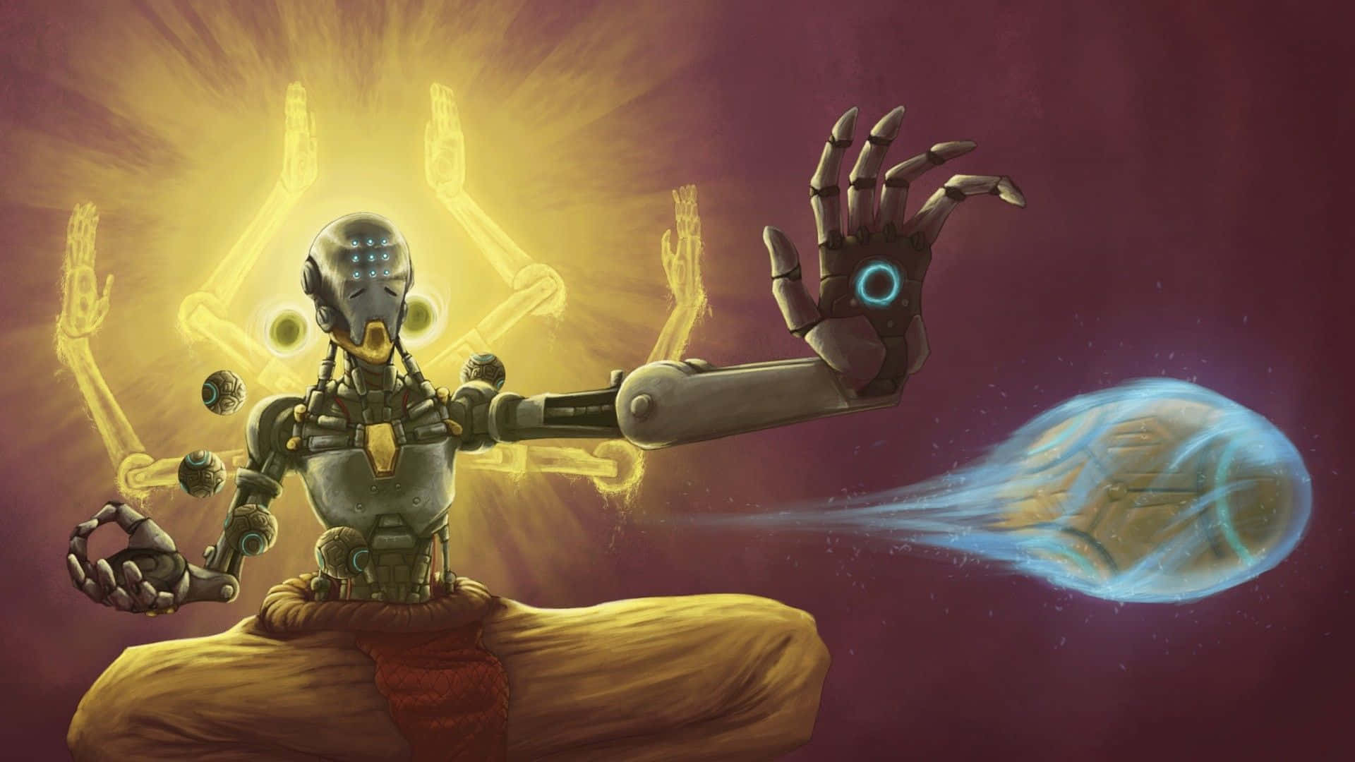 A Robot Is Sitting In A Lotus Position And Holding A Ball Wallpaper