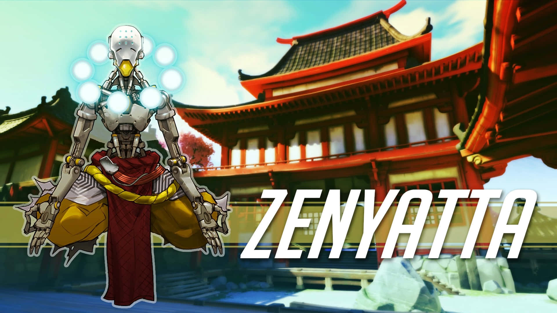zenyatta - en karakter med et sværd foran et bygning Wallpaper